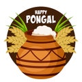 Happy Pongal harvest festival celebration card in India, crock pot with food, wheat and sugarcane