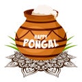 Happy Pongal harvest festival in India, crock pot with food, wheat, sugarcane and mandala