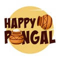 Happy Pongal harvest festival lettering in India with clay pot with food and sun in background