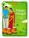 Happy Pongal Holiday Harvest Festival of Tamil Nadu South India greeting background