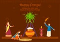 Happy Pongal Holiday Harvest Festival of Tamil Nadu South India greeting background