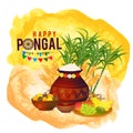 Happy Pongal religious festival of India celebration with pongal rice in a traditional mud pot, wheat grain, bamboo, fruits
