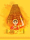 Happy Pongal template or greeting card design with beautiful woman and sketching of Meenakshi temple.