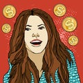 Happy Pop art face. Financial success. Coins of the dollar. Businesswoman. Young surprised woman with open mouth. Vector illustrat