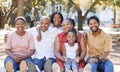 Happy portrait of a black family in nature with mother, grandparents and children smiling next to father. Mom, dad and