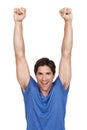 Happy, portrait and excited man with winner fist celebration in studio for news, announcement or giveaway on white