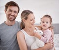 Happy portrait and family in bedroom with child in loving home with young and caring parents. Love, care and trust of Royalty Free Stock Photo