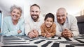 Happy, portrait and family on the floor for bonding, playing and quality time. Smile, happiness and father, child and