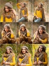 Happy Portrait fashion of a beautiful young Caucasian woman with a red cap and scarf and yellow pullover in autumn park Royalty Free Stock Photo