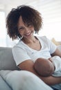 Happy, portrait and mom breastfeeding her baby for health, nutrition and wellness at home. Bonding, love and young Royalty Free Stock Photo