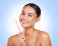 Happy portrait, woman and brushing teeth in studio for dental care, gingivitis and sustainable cosmetics on blue Royalty Free Stock Photo
