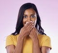 Happy, portrait and a woman quiet with a secret on a studio background. Silence, shy and a girl covering mouth