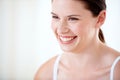 Happy, portrait and woman with skincare from beauty, cosmetics and white background in studio. Model, smile and person