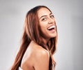 Happy, portrait and woman in studio for hair, beauty and salon treatment on grey background. Face, haircare and model Royalty Free Stock Photo