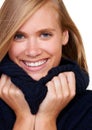 Happy, portrait and woman with winter fashion in studio with cool, trendy and comfortable outfit. Face, smile and female