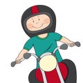 Smiling happy biker riding a bike - original hand drawn funny cartoon illustration Royalty Free Stock Photo
