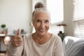 Happy positive elderly woman making like gesture, showing thumb up