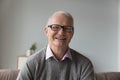 Happy positive old retired man in glasses sitting on couch Royalty Free Stock Photo