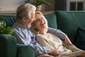 Happy senior old couple bonding embracing relaxing sit on sofa