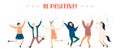 Happy positive young character laughing people jumping with raised hands vector illustration. Flat colored incartoon Royalty Free Stock Photo