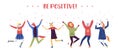 Happy positive young character laughing people jumping with raised hands vector illustration. Flat colored incartoon