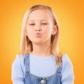 Happy, pout and portrait of girl on orange background with happiness, joy and excited in studio. Confidence, childhood