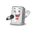 Happy power bank singing on a microphone