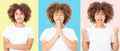 Happy and praying collage of young dark skin woman isolated on colorful background in tshirt clothes. Copy space. Mock up t shirt Royalty Free Stock Photo