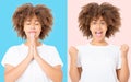 Happy and praying collage of young dark skin woman isolated on colorful background in tshirt clothes. Copy space. Mock up. White Royalty Free Stock Photo