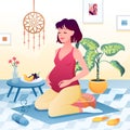 Happy pregnancy activity at home, young pregnant yogist character doing yoga exercises