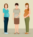 Happy pregnancy concept. Group of three pregnant women characters standing together.