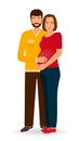 Happy pregnancy family. Couple of man and pregnant woman standing together isolated on a white background. Royalty Free Stock Photo