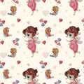 Happy pregnancy seamless pattern. Cute pregnant fairy girl on a gentle pink background with angel children, balloons and