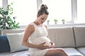 Happy pregnancy sitting on sofa at home Royalty Free Stock Photo