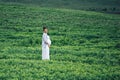 Pregnant women in green field in white dress Royalty Free Stock Photo