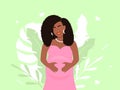 Happy pregnant african american woman. Beautiful smiling girl in pink dress and magnificent hairstyle holds her belly