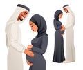 Happy pregnant Arab couple expecting baby. Vector illustration.