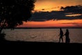 Happy pregnant family walks along the lake in summer sunset