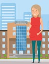 Happy Pregnant girl against the building of the center for human reproduction Royalty Free Stock Photo