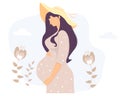 Happy pregnant girl on vacation in a sun hat hugs her belly on a background of flowers. Vector illustration. Female Royalty Free Stock Photo