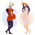 Happy pregnant girl in winter clothes and cute woman in summer clothes hugs her belly. Vector illustration. Concept of