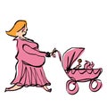 Happy pregnant mother in pink dress pushing baby girl stroller