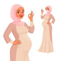 Happy pregnant Muslim woman showing OK. Vector character.
