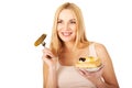 Happy pregnant woman with cake and pickles Royalty Free Stock Photo