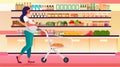 happy pregnant woman future mom with trolley cart choosing groceries pregnancy motherhood expectation concept