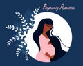 Happy pregnant woman holding her belly, Cartoon healthy mother with long hair holds her hands on her stomach with baby