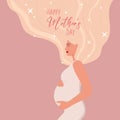 Happy pregnant woman holding her belly. The expectation of child. Happy Mother\'s Day! Charming happy girl with long hair.