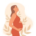 Happy pregnant woman holding her belly. The expectation of child. Vector illustration