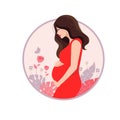 Happy pregnant woman holds her belly with Decorated beautiful leaves