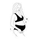 Happy pregnant woman hugging belly. One line drawing. Pregnancy and motherhood concept. Vector outline illustration in Royalty Free Stock Photo